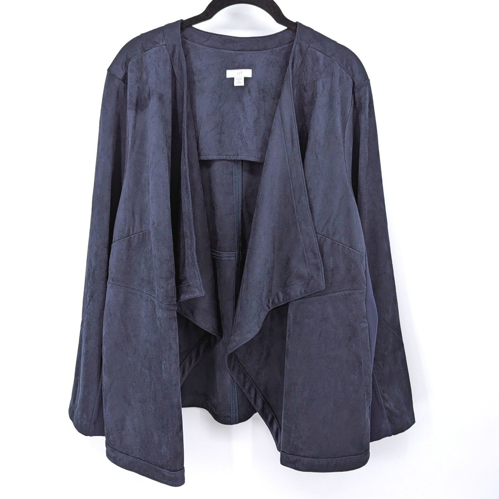 J Jill Faux Suede Jacket Womens Plus 2x Navy Blue Drape Front Mixed Media Pocket